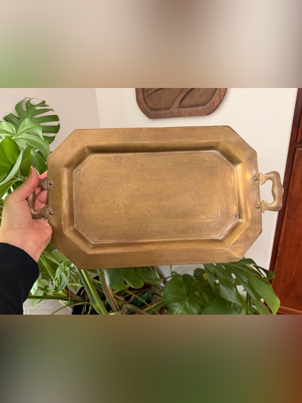Vintage Etched Brass Serving Tray Dutch Windmill Ornate Handles Decor